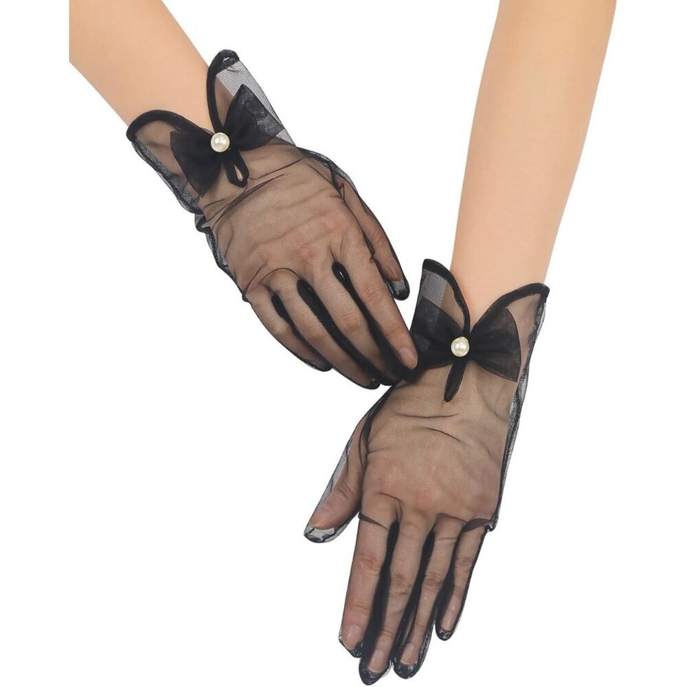 Women's Black Bow Tulle Pearls Mesh Tea Short Gloves Party Prom Accessories